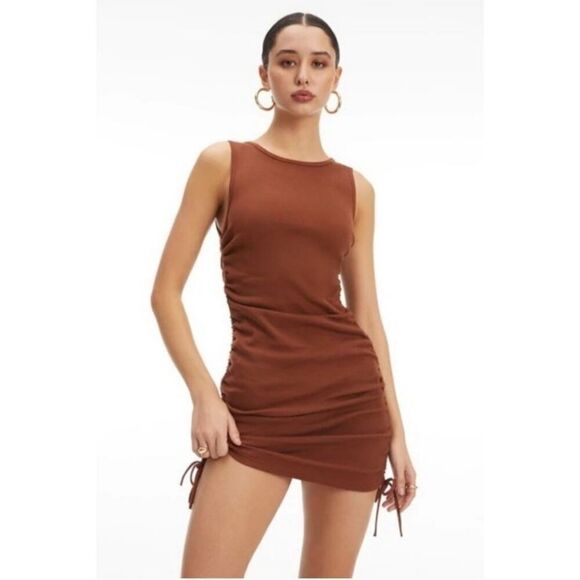 NWT GOOD AMERICAN Ruched Tank Mini Ribbed Dress Tortoise Size 2 - Picture 1 of 11